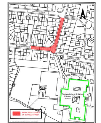 A street map showing the roads closed around The Academy at St James